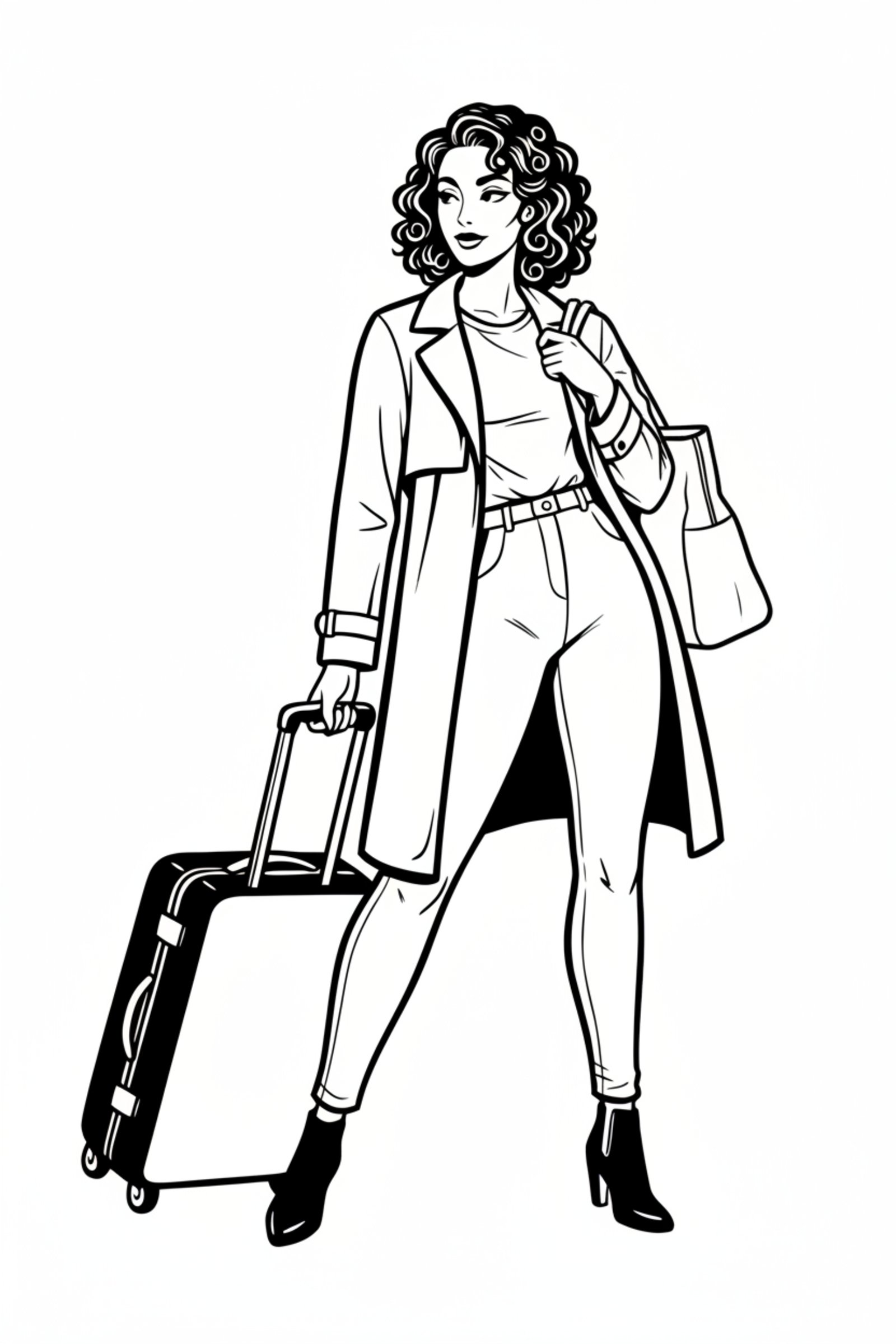 Pen-and-ink illustration of a traveler striding confidently with a rolling case and a tote bag